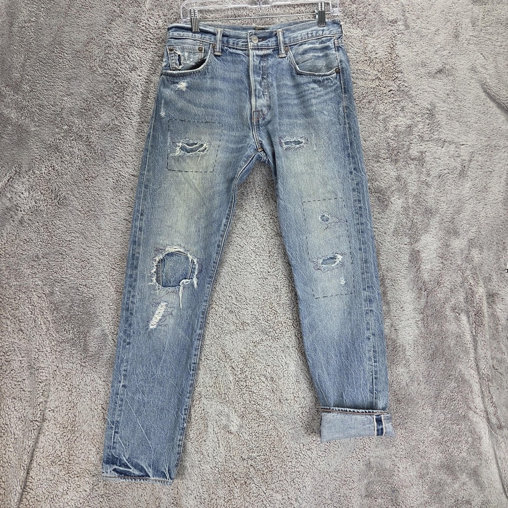 Levis 501 Jeans Mens 30x30 Blue Selvedge Straight Thrashed Patched Button Fly